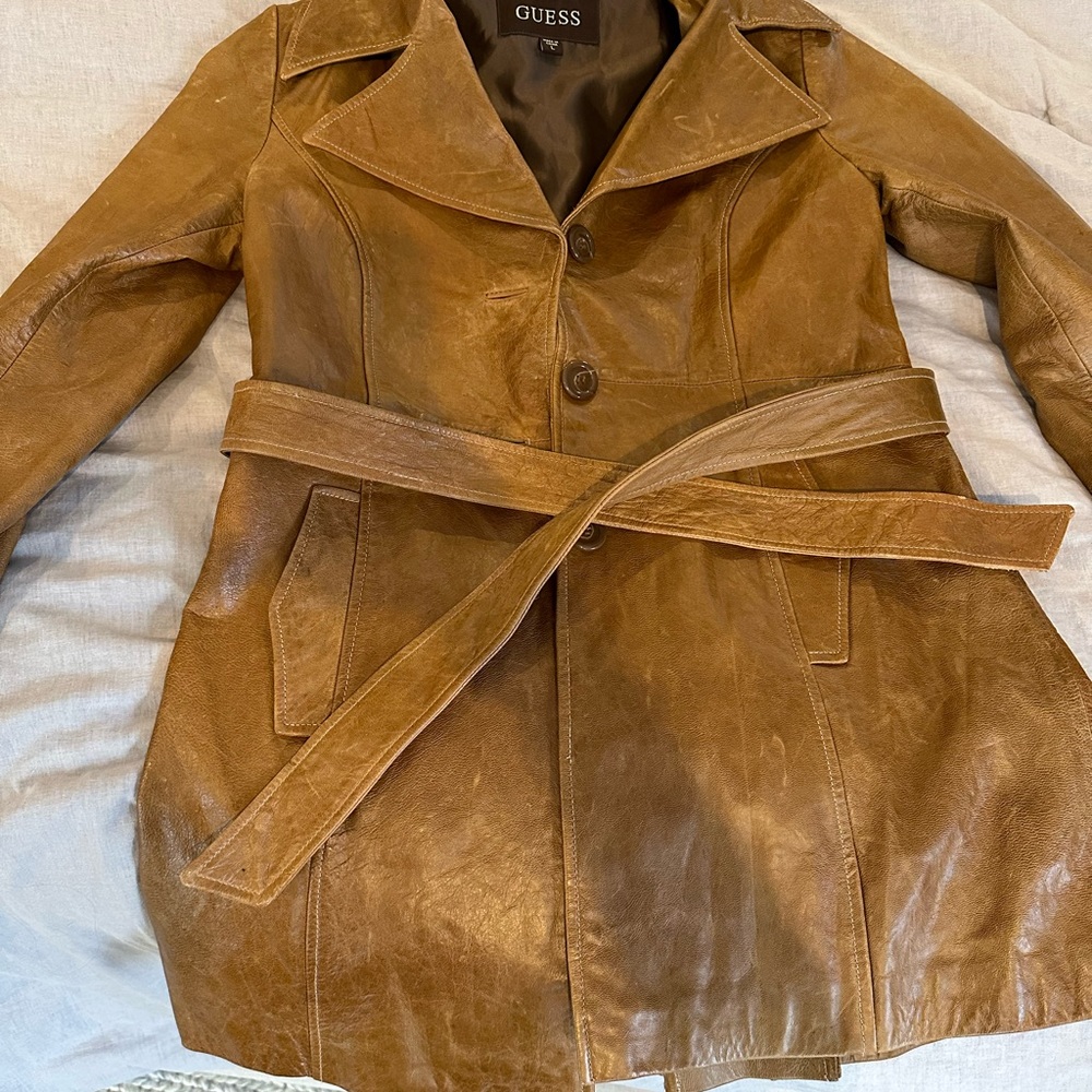 Dark camel brown Guess leather mid length coat has a vintage vibe.